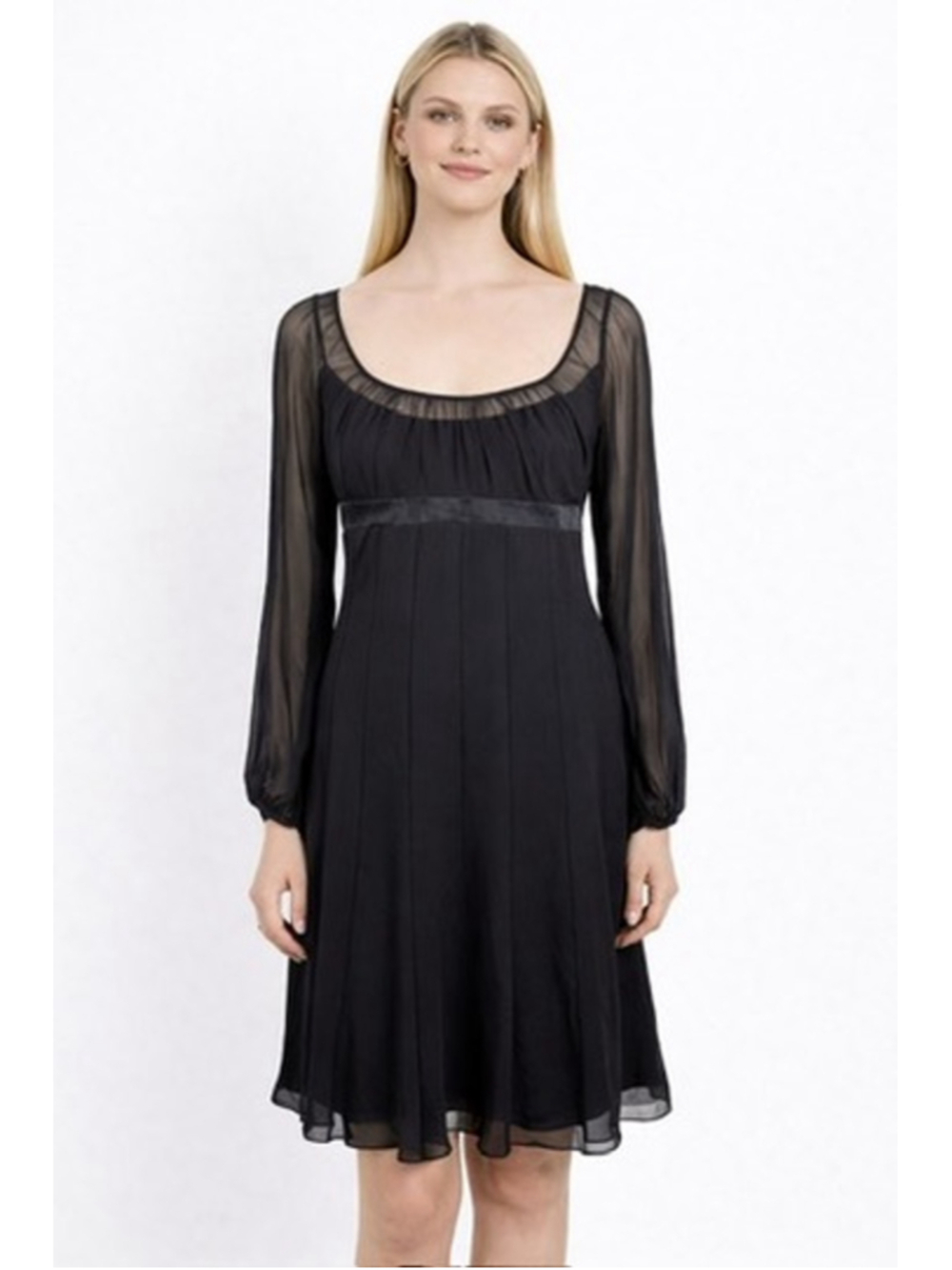 Anne Klein Silk Black Dress Sheer Sleeve Illusion Neck Cocktail Vtg 90s Size 12